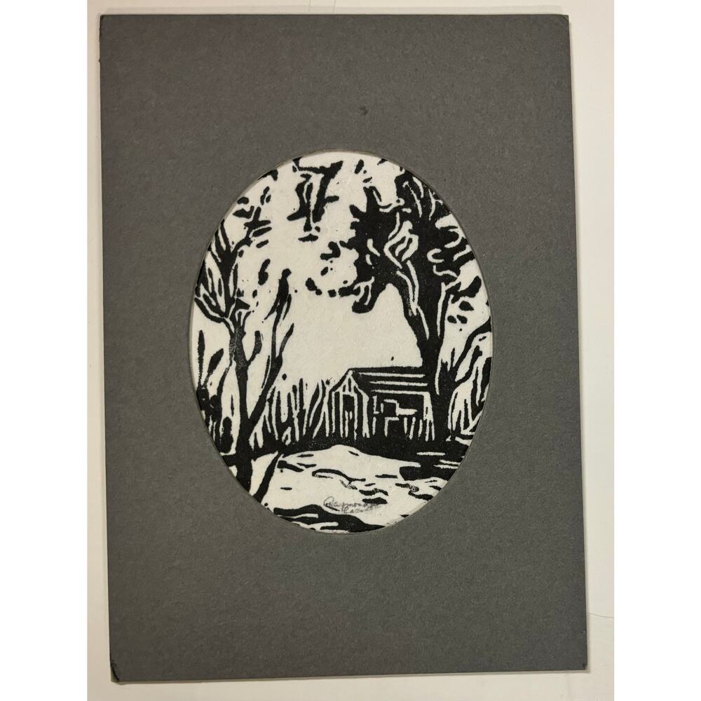 Vintage Mid Century Linoleum Print House Art Farm